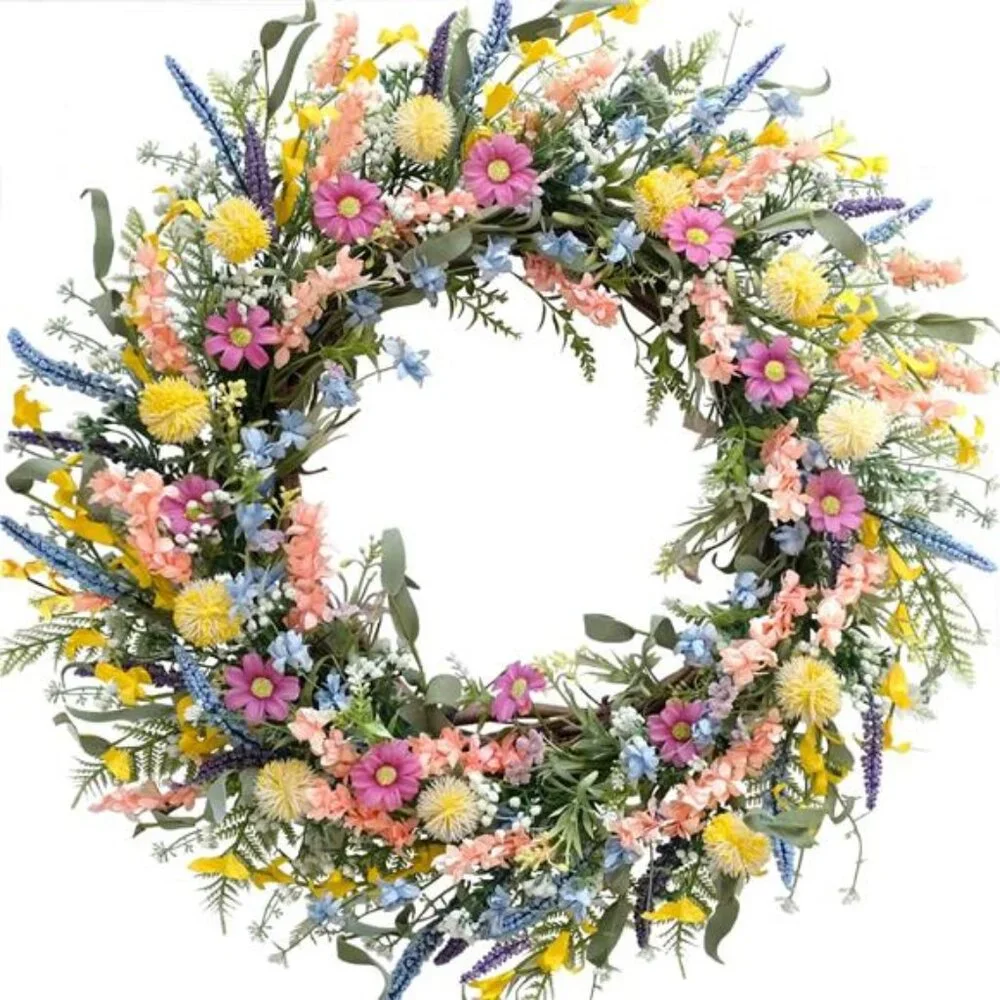 24 Inch Spring‎ Summer Colorful Flower Wreath for Front Door, Forsythia Lavender